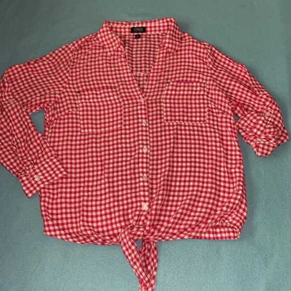 JONES NEW YORK tie front button up long roll up tab sleeve gingham NEW size L - Picture 2 of 12